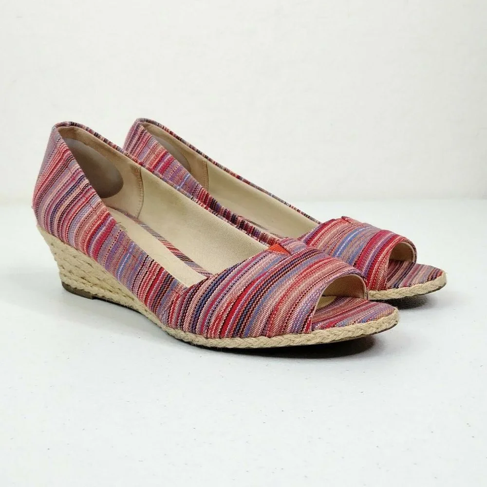 Coach And Four Lucine Stripe Peep Toe Espadrille Wedge Shoes Women's Size 9